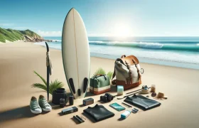 DALL·E 2024-05-01 12.58.55 - A serene beach scene depicting essential surfing gear laid out on the sand. Include a surfboard, a wetsuit, a mobile battery, an eco-bag, and sunscree