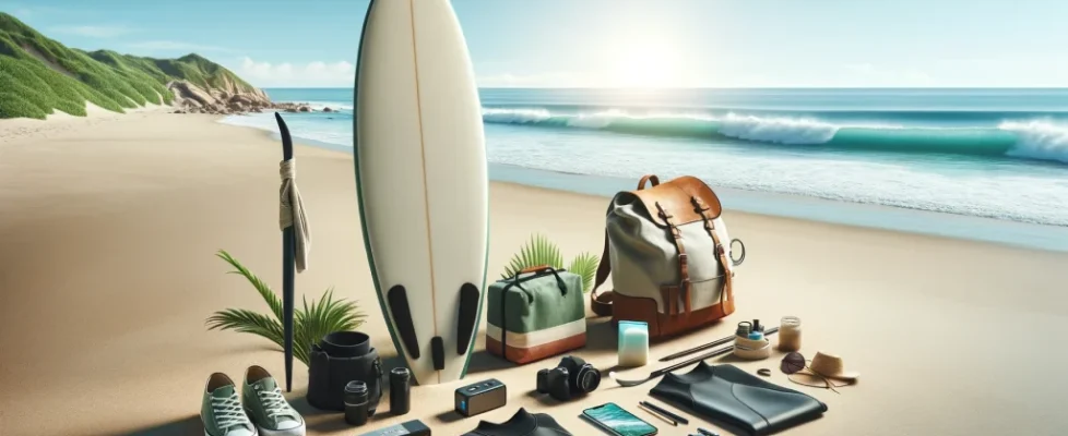 DALL·E 2024-05-01 12.58.55 - A serene beach scene depicting essential surfing gear laid out on the sand. Include a surfboard, a wetsuit, a mobile battery, an eco-bag, and sunscree