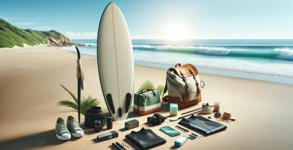 DALL·E 2024-05-01 12.58.55 - A serene beach scene depicting essential surfing gear laid out on the sand. Include a surfboard, a wetsuit, a mobile battery, an eco-bag, and sunscree