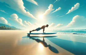 DALL·E 2024-05-03 13.25.11 - A serene beach scene depicting a person engaged in a workout with a surfboard on a sunny day. The person is performing exercises like push-ups or bala