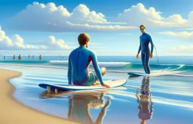 DALL·E 2024-05-05 12.54.34 - A serene beach scene depicting a beginner surfer practicing on small, gentle waves, guided by an instructor. The surfer, a young adult, wears a vibran