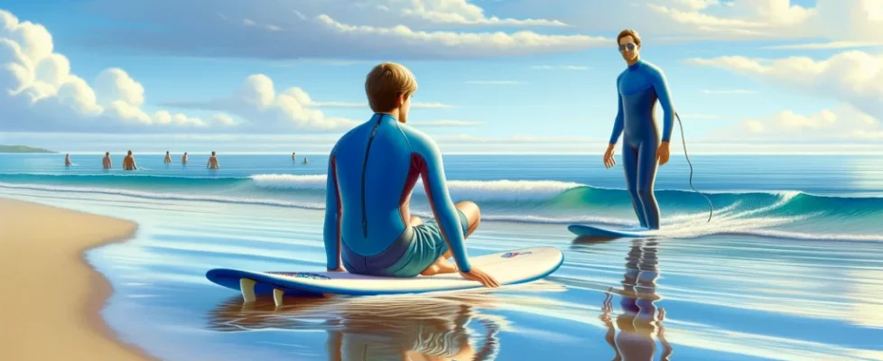 DALL·E 2024-05-05 12.54.34 - A serene beach scene depicting a beginner surfer practicing on small, gentle waves, guided by an instructor. The surfer, a young adult, wears a vibran