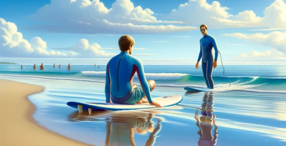 DALL·E 2024-05-05 12.54.34 - A serene beach scene depicting a beginner surfer practicing on small, gentle waves, guided by an instructor. The surfer, a young adult, wears a vibran