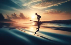 DALL·E 2024-05-15 12.13.30 - A serene beach scene at sunrise, with gentle waves approaching the shore. A silhouette of a beginner surfer is attempting a takeoff on a surfboard, fo