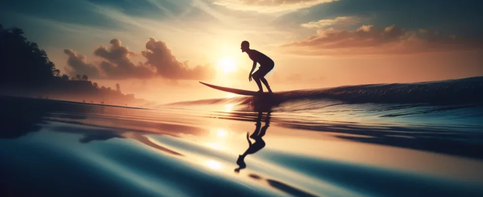 DALL·E 2024-05-15 12.13.30 - A serene beach scene at sunrise, with gentle waves approaching the shore. A silhouette of a beginner surfer is attempting a takeoff on a surfboard, fo