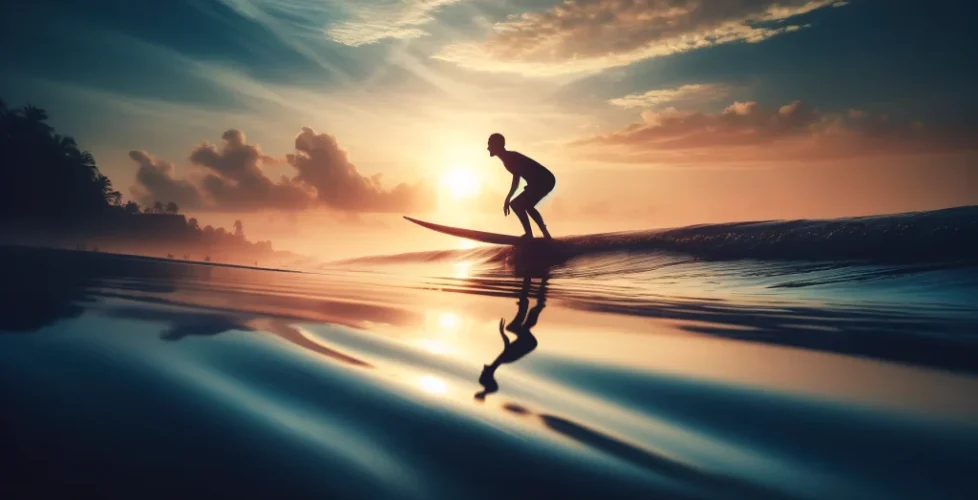 DALL·E 2024-05-15 12.13.30 - A serene beach scene at sunrise, with gentle waves approaching the shore. A silhouette of a beginner surfer is attempting a takeoff on a surfboard, fo