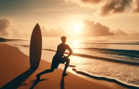 DALL·E 2024-05-16 16.52.11 - A horizontal banner image showing a beach at sunrise with gentle waves and a surfboard standing upright in the sand. In the foreground, a person is pe