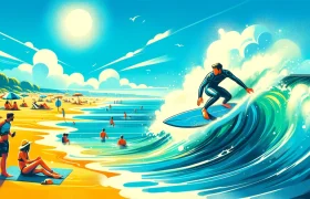 DALL·E 2024-05-22 14.07.23 - A vibrant beach scene with a surfer riding a wave, wearing a wetsuit. The background shows a bright sunny sky and clear blue ocean, evoking a refreshi