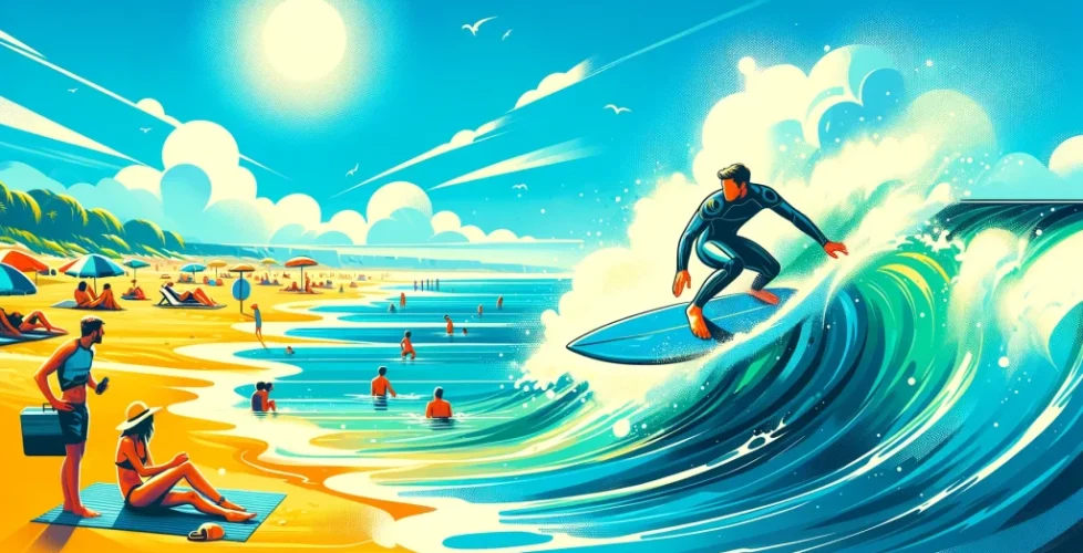 DALL·E 2024-05-22 14.07.23 - A vibrant beach scene with a surfer riding a wave, wearing a wetsuit. The background shows a bright sunny sky and clear blue ocean, evoking a refreshi