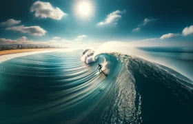 DALL·E 2024-05-25 12.11.31 - A wide image of a surfer riding a perfect wave on a sunny day, with clear blue skies and a slight offshore breeze. The waves are clean and well-formed