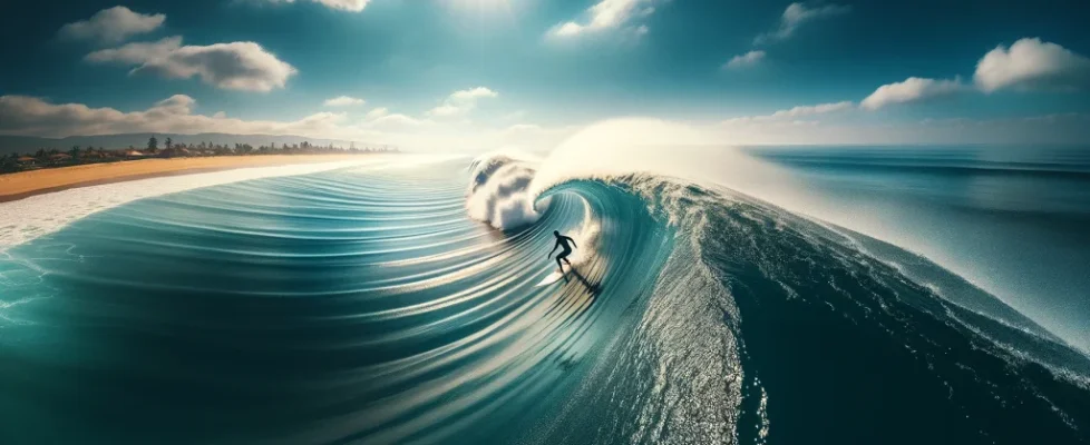 DALL·E 2024-05-25 12.11.31 - A wide image of a surfer riding a perfect wave on a sunny day, with clear blue skies and a slight offshore breeze. The waves are clean and well-formed