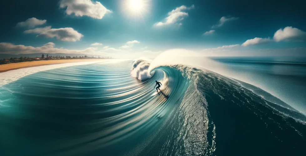 DALL·E 2024-05-25 12.11.31 - A wide image of a surfer riding a perfect wave on a sunny day, with clear blue skies and a slight offshore breeze. The waves are clean and well-formed