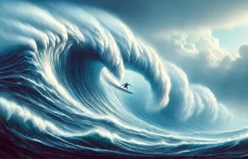 DALL·E 2024-05-25 12.36.41 - A dynamic and thrilling scene of a surfer riding a large wave during a typhoon. The wave is towering and powerful, with frothy white water at the cres