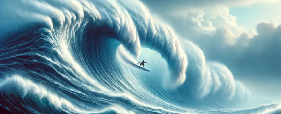 DALL·E 2024-05-25 12.36.41 - A dynamic and thrilling scene of a surfer riding a large wave during a typhoon. The wave is towering and powerful, with frothy white water at the cres