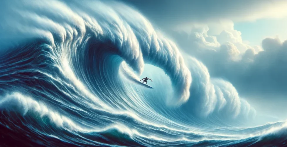 DALL·E 2024-05-25 12.36.41 - A dynamic and thrilling scene of a surfer riding a large wave during a typhoon. The wave is towering and powerful, with frothy white water at the cres