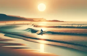 DALL·E 2024-06-02 13.35.04 - A serene beach scene showing a surfer catching a wave during low tide. The sun is setting, casting a warm glow over the water, with gentle waves and t