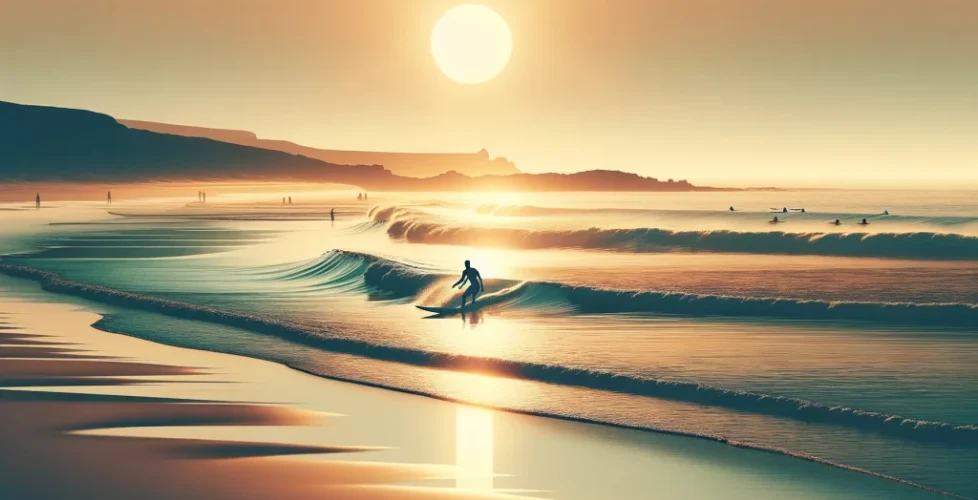 DALL·E 2024-06-02 13.35.04 - A serene beach scene showing a surfer catching a wave during low tide. The sun is setting, casting a warm glow over the water, with gentle waves and t