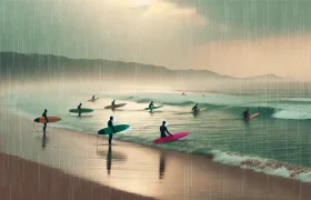 DALL·E 2024-06-26 13.50.06 - A serene beach scene during the rainy season, featuring surfers in action with colorful surfboards. The sky is overcast with light rain, and the waves