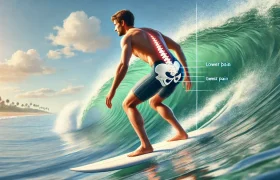 DALL·E 2024-07-04 10.03.19 - A surfer riding a wave with a visible indication of lower back support, demonstrating proper form to prevent back pain. The image should have a calm b