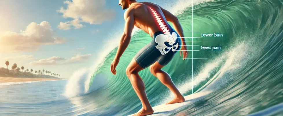 DALL·E 2024-07-04 10.03.19 - A surfer riding a wave with a visible indication of lower back support, demonstrating proper form to prevent back pain. The image should have a calm b