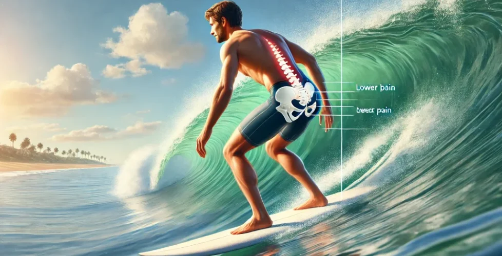 DALL·E 2024-07-04 10.03.19 - A surfer riding a wave with a visible indication of lower back support, demonstrating proper form to prevent back pain. The image should have a calm b