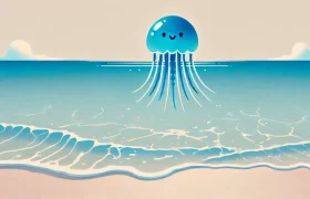 DALL·E 2024-07-25 10.35.16 - A serene beach scene with clear blue waters and a prominent illustration of a Portuguese Man O' War (カツオノエボシ) floating on the surface. The jellyfish i