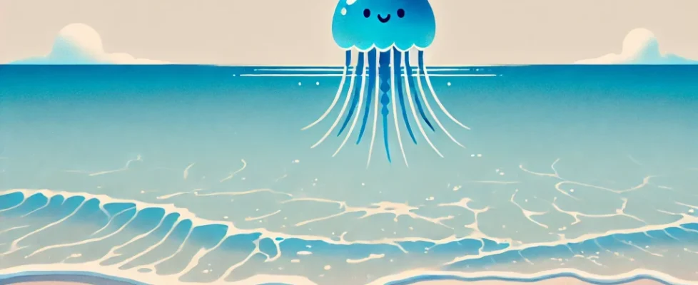 DALL·E 2024-07-25 10.35.16 - A serene beach scene with clear blue waters and a prominent illustration of a Portuguese Man O' War (カツオノエボシ) floating on the surface. The jellyfish i