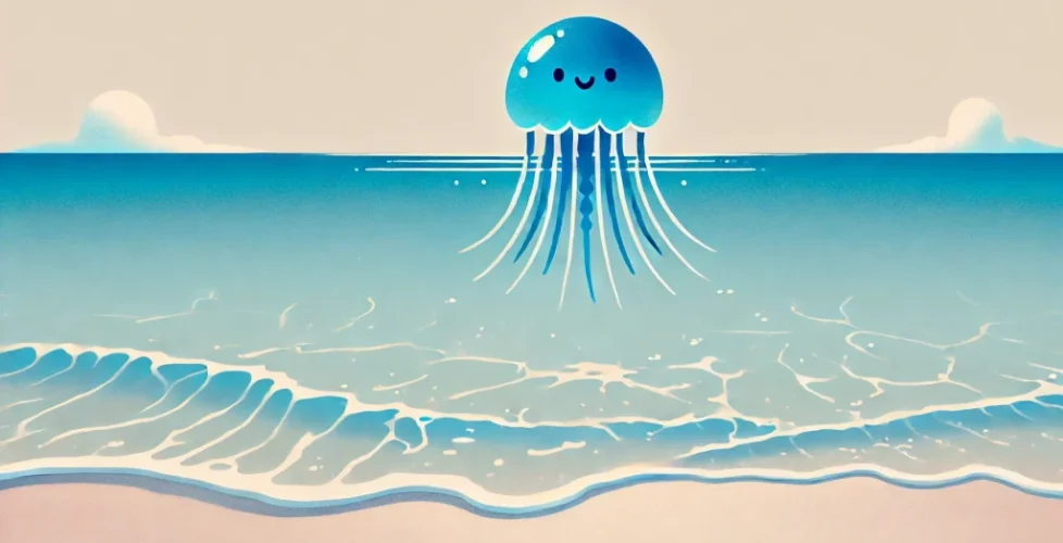 DALL·E 2024-07-25 10.35.16 - A serene beach scene with clear blue waters and a prominent illustration of a Portuguese Man O' War (カツオノエボシ) floating on the surface. The jellyfish i